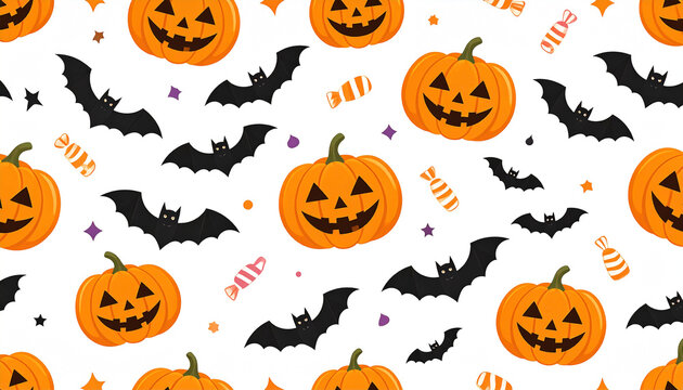 A repeating Halloween pattern featuring grinning jack-o'-lanterns, black bats, and scattered candy corn on a white background