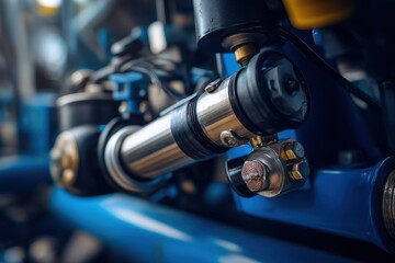 Piston hydraulic component in a farming device Detail of a precision grain planter Close up of a hydraulic cylinder in an air seeder with selective focus