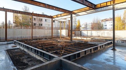 Fototapeta premium Empty construction zone with steel beams and concrete foundation partially completed, surrounded by safety barriers