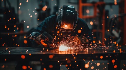 Fototapeta premium Empty fabrication table with sparks, welder's helmet, and welding rod mid-process
