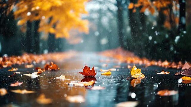 Rainy autumn scene with fallen leaves floating on a wet road surface, blurred background of trees