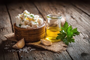 Salted cod brandade on wood backdrop