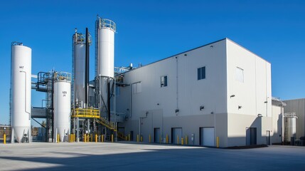 Fertilizer manufacturing site with bulk chemical silos, blending machines, and distribution hoppers
