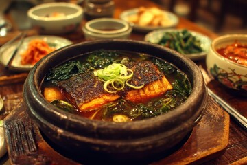 Samchi grilled fish kimchi seasoned beef perilla leaf earthen pot chopsticks onion soy sauce wasabi mackerel flounder Lim Yeonsoo pork belly stew kalguksu