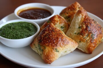 Samosa Pav served with green and tamarind chutneys