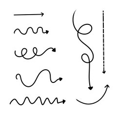 Hand-drawn Doodle Arrows Set, Collection of various hand-drawn arrows in a sketchy doodle style. Includes curved, zigzag, straight, and looped arrows ideal for infographics, notes, or creative 