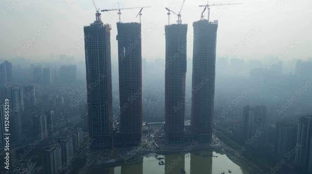 Aufkleber high-rise site with multiple tower cranes and segmented levels under construction