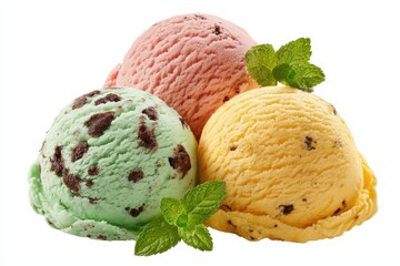Fototapeta premium Scoops of mint chocolate chip strawberry and mango ice cream on a white background