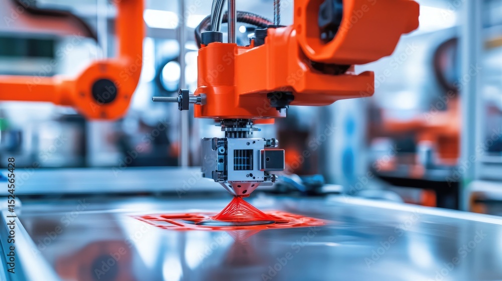 Aufkleber industrial d printer with mechanical arms and filament feeds in operation within a workshop