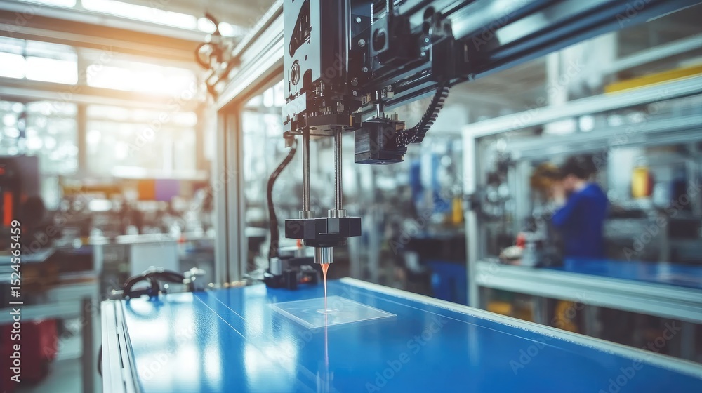 Aufkleber industrial d printer with mechanical arms and filament feeds in operation within a workshop