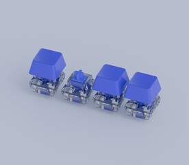 Mechanical keyboard switches with blue keycaps isolated on pastel background