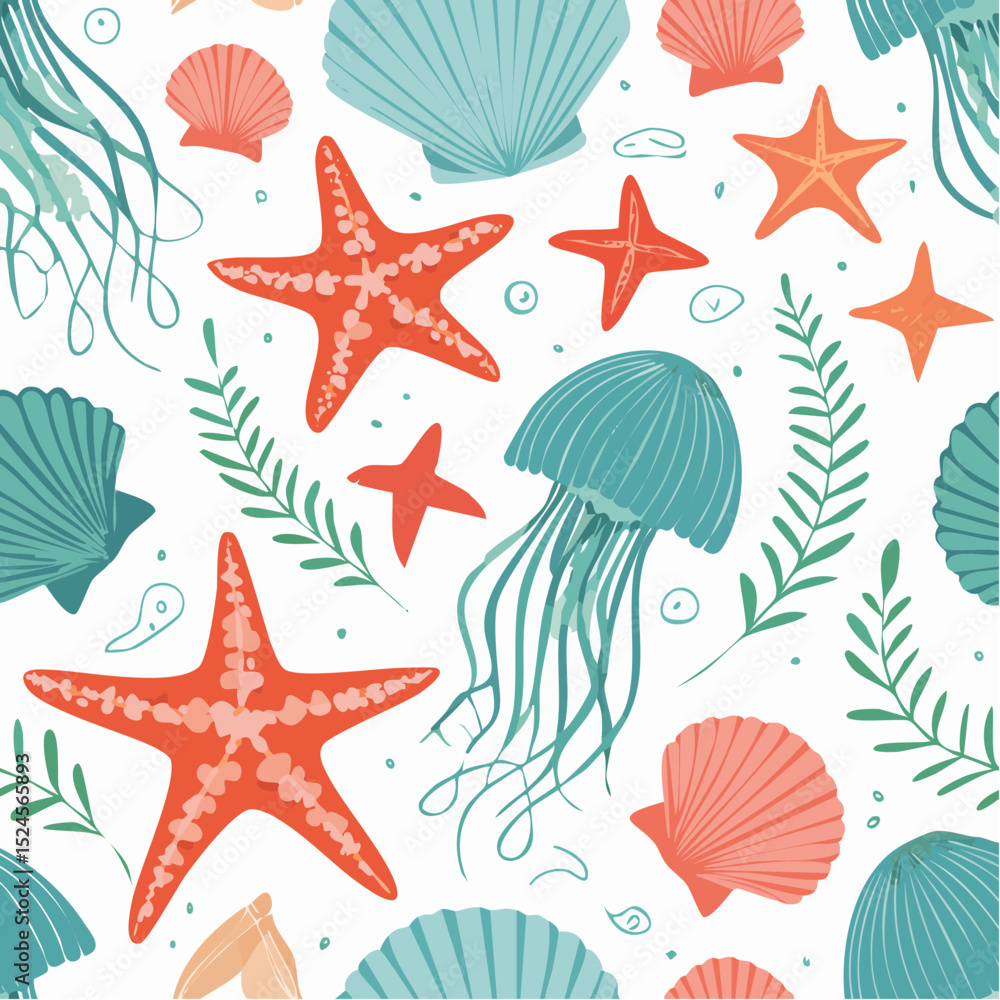 Poster a dynamic underwater pattern with starfish, jellyfish, seaweed, and shells rendered in refreshing aq