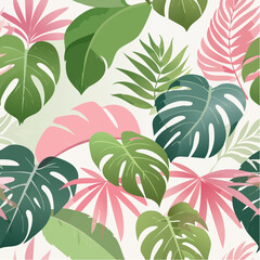 Fototapeta premium A vibrant tropical pattern featuring monstera, banana, and palm leaves repeating in a flat, modern vector style with rich green and pink tones.