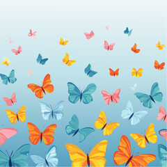 A delightful pattern of vibrant butterflies soaring across a clear, bright sky rendered in flat vector style.