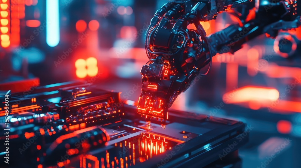 Poster industrial robotic work cell executing repetitive tasks with robotic precision and efficiency
