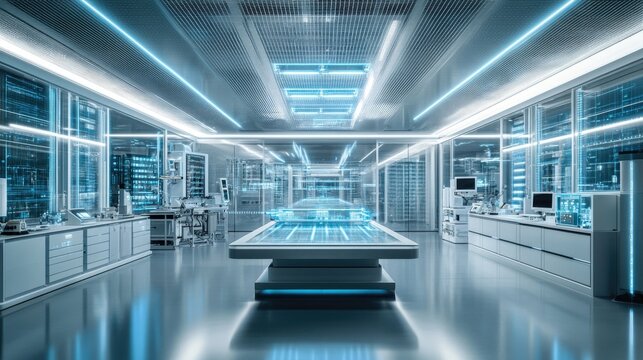 Industrial robotics lab with mechanical components, control panels, and AI-powered machines