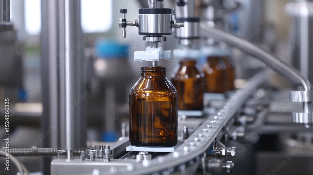 Aufkleber labeling machine placing adhesive labels on bottles moving through a belt system