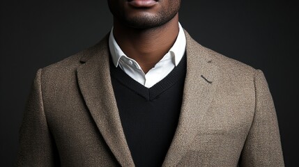 Close-up of a man's chest, showcasing a taupe blazer layered over a black v-neck sweater and crisp white collared shirt; dark background