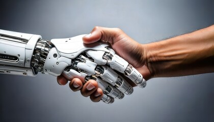 A human hand shakes a robotic hand, symbolizing collaboration between people and technology.