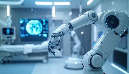 A robotic arm operates in a high-tech medical facility with advanced imaging equipment in the background.