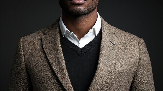 Close-up of a man's chest, showcasing a taupe blazer layered over a black v-neck sweater and crisp white collared shirt; dark background