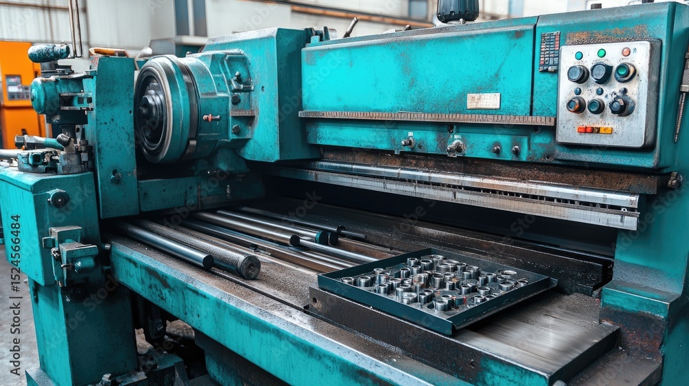 Poster lathe machine corner with unused ppe kit and tool tray ready for operation