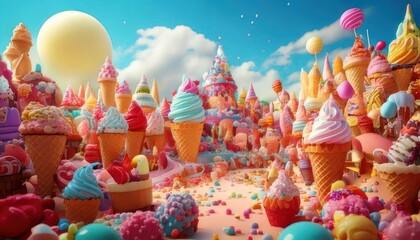 A whimsical candy land filled with colorful ice cream cones, sweets, and candy decorations under a bright sky.