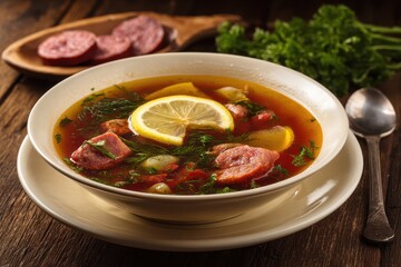 Solyanka a sour soup with Russian beef pork and sausage served with lemon and salami on a wooden surface