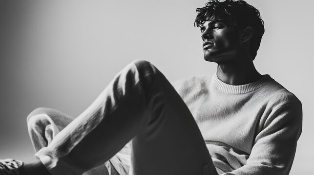 Monochrome portrait of a young man with dark, tousled hair, seated with legs crossed, wearing a light-colored sweater and pants, gazing thoughtfully upward in a softly lit studio setting