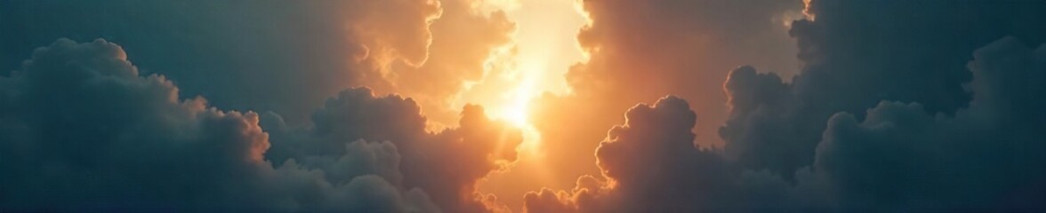 A single, bright light pierces through dark clouds, symbolizing hope, redemption, and spiritual awakening A powerful image of faith and overcoming adversity , tranquility, dark, enlightenment