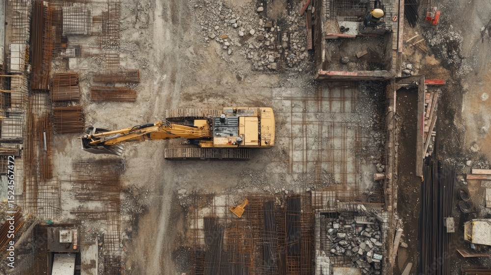 Poster overhead view of cleared construction site with grid layout and machinery tracks