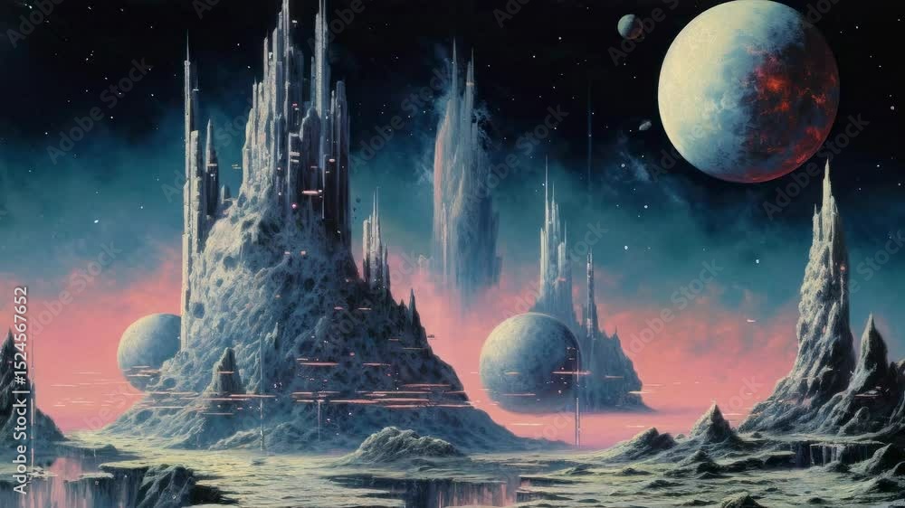 Poster futuristic alien landscape with towering structures and planets, viewed from a low angle. ideal for 