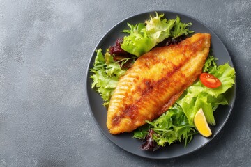 Top view of a salad with a fried tilapia fillet on a plate set against a gray backdrop