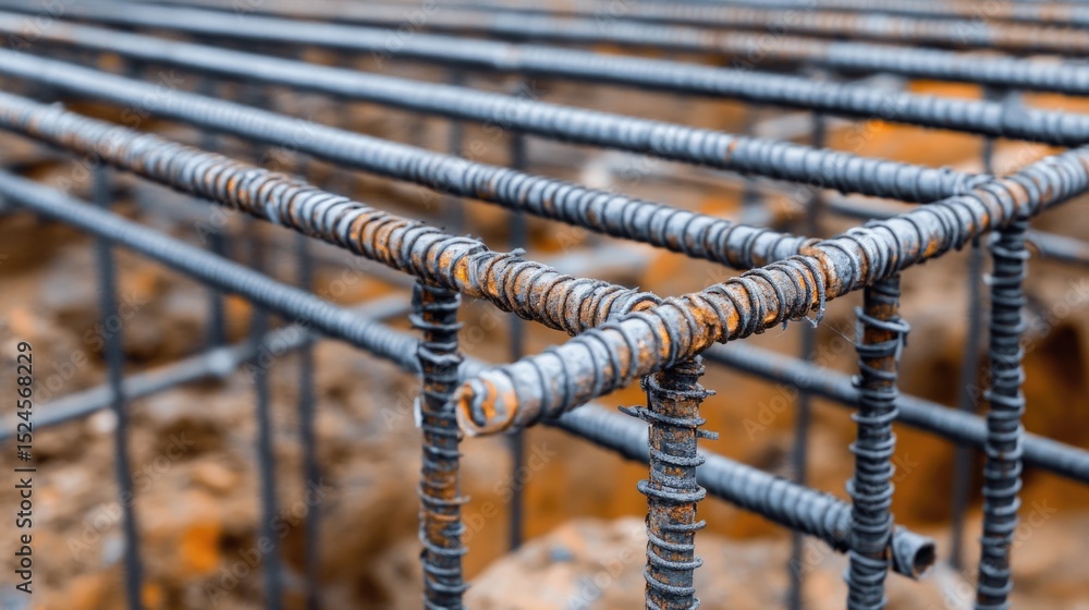 Poster rebar cages neatly tied and ready for foundation work near open pit