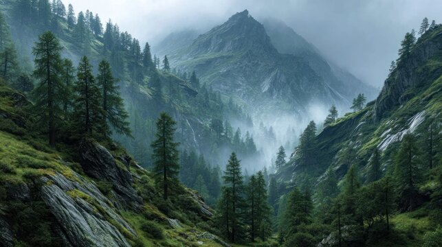 Serene alpine valley scene shrouded in mist with towering peaks and lush greenery