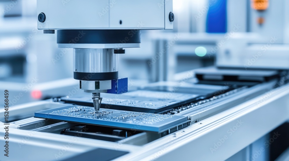 Poster robotic automation systems mounting circuit boards with extreme precision in electronics facility