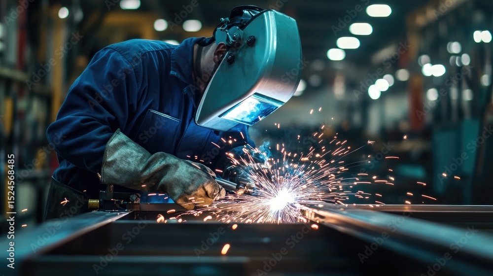 Poster robotic welding station creating consistent welds along steel frames under precision control
