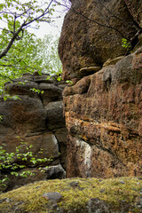 Huge rocks structures geological site in the place of ancient prehistoric ocean trench, nestled within a green forested environment. Rim rocks formation, Western Canada Sedimentary Basin, Alberta