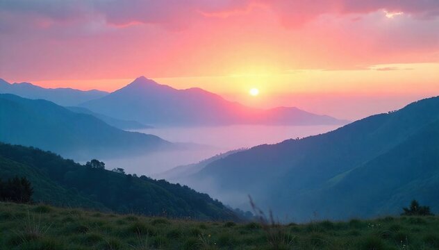 Serene landscape at dawn, mist shrouds the mountains, peaceful atmosphere, perfect for mindfulness and zen meditation Tranquil scene evokes calm and inner peace , calm, serenity