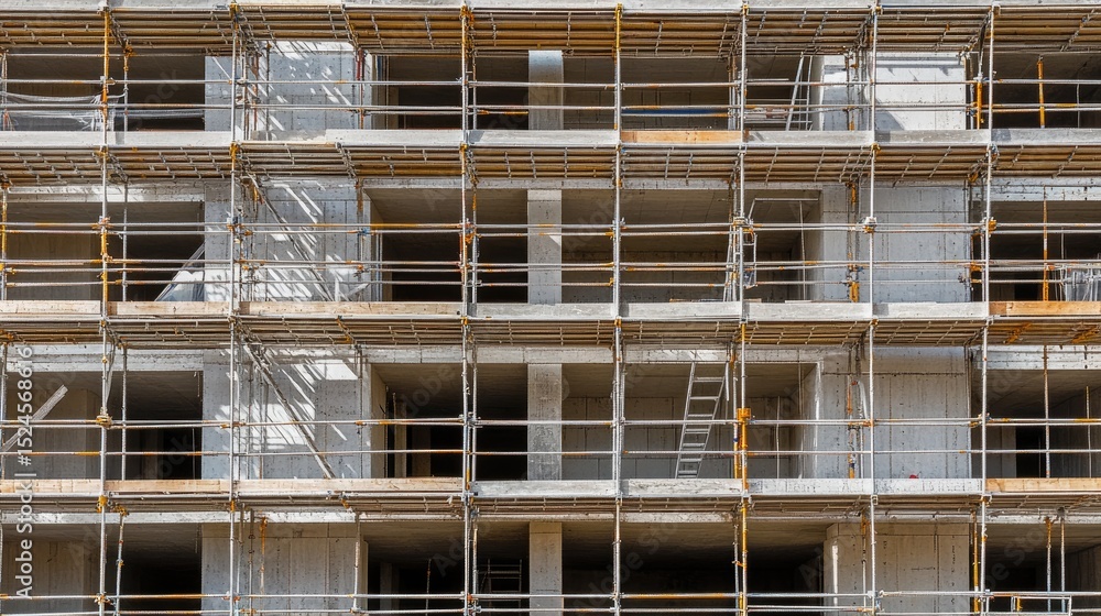 Poster scaffolding setup along a multi-story building facade under development, devoid of workers