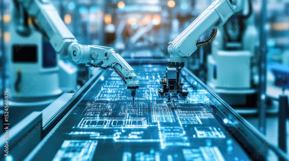 Poster smart factory environment with automated conveyors and robotic arms working on assembly tasks