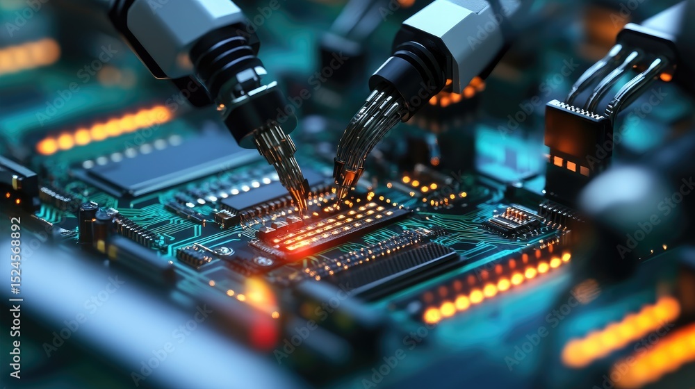 Poster smart robotics in action on an electronics assembly line building circuit boards with precision