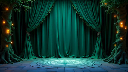 Red velvet theater stage with spotlights and drawn curtains for a classical performance