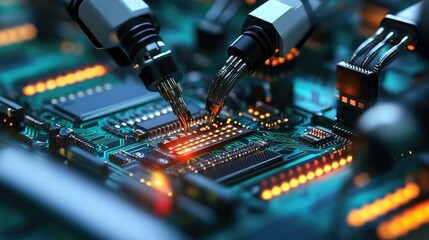 Smart robotics in action on an electronics assembly line building circuit boards with precision