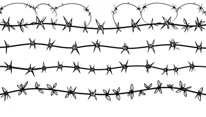Hand-drawn illustration of four barbed wire lines, varying in style and curvature, against a stark white backdrop.  The simplistic, black lines depict sharp points and coils