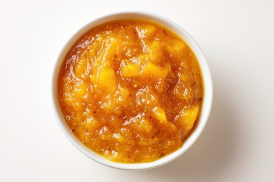 Top view of mango chutney bowl against a white backdrop