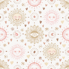 A playful boho-inspired pattern of hand-drawn suns, moons, eyes, hearts, and mushrooms in warm natural colors and soft pinks.
