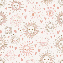 A playful boho-inspired pattern of hand-drawn suns, moons, eyes, hearts, and mushrooms in warm natural colors and soft pinks.