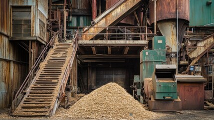 Wood product factory with sawdust collectors, timber panels, and processing machines