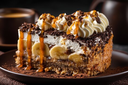 Traditional English pie featuring genuine banoffee cake filled with bananas and caramel topped with dark chocolate and coffee